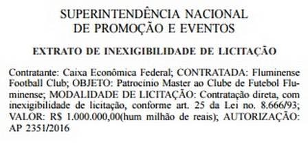 Publicação no Diário Oficial da União sobre o acordo a ser firmado com o Fluminense