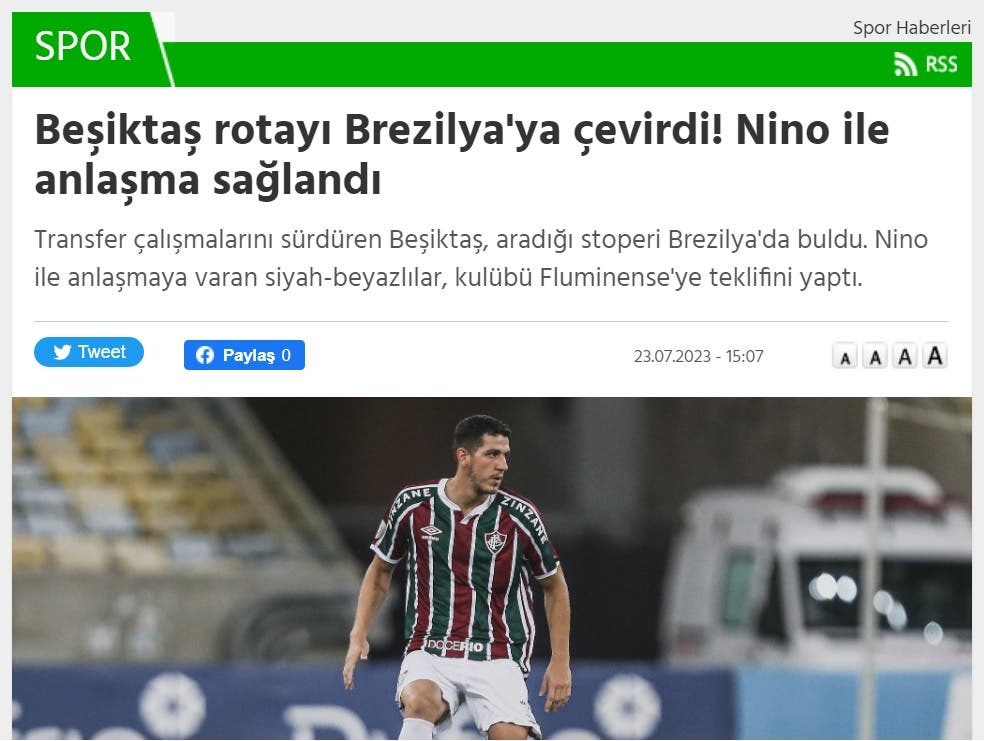 Fluminense recusa proposta do Besiktas, da Turquia, por Nino, afirma portal