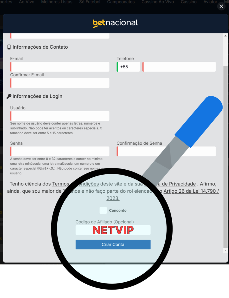 tela indica como adicionar código promocional da betnacional no cadastro