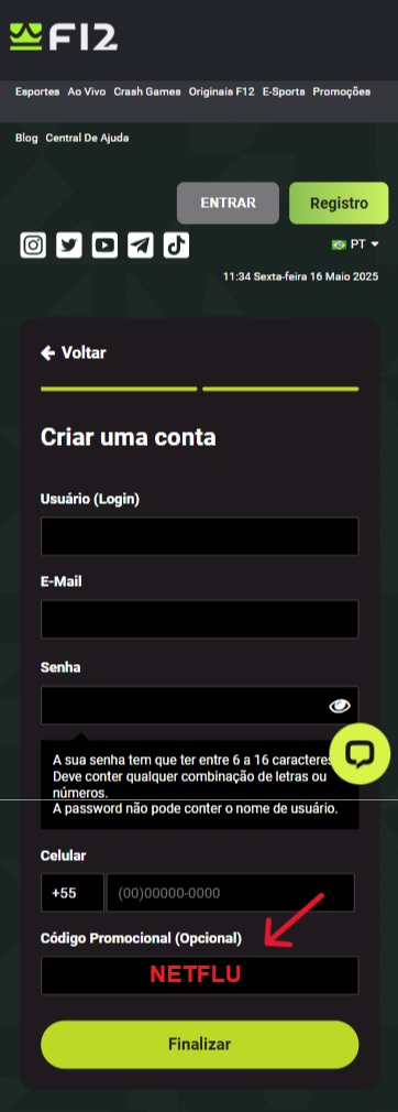 Insira o código promocional F12bet na tela de cadastro do site de apostas