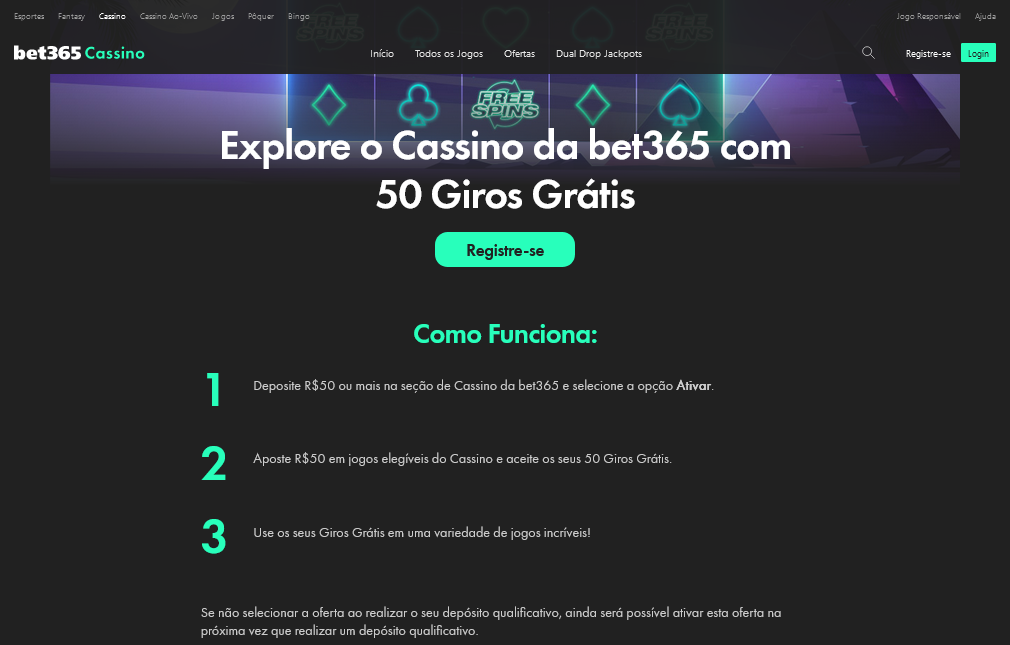 bonus de boas vindas do cassino bet365 que oferece 50 giros gratis