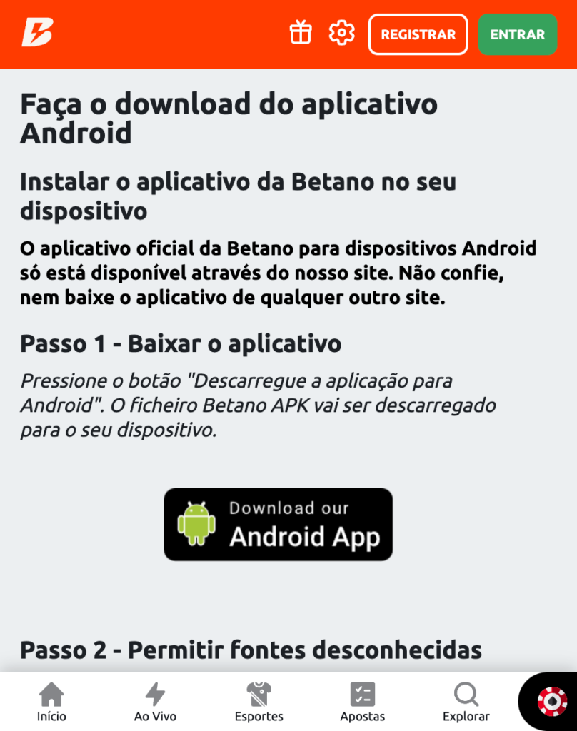 print da tela de download do betano app