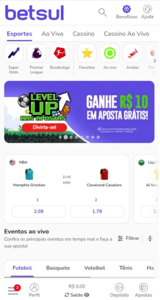 Tela principal, destacando os botões de esportes, ao vivo, cassino, cassino ao vivo, além de super odds, premier league, bundesliga, favoritos, jogo da NBA e eventos ao vivo, presente no artigo código promocional Betsul.