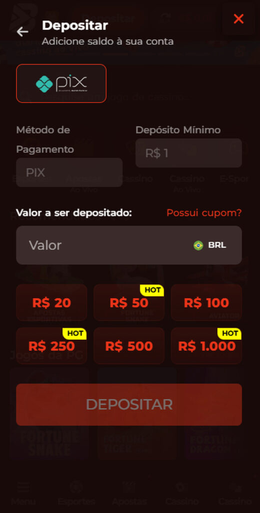 tela de depósito da beteubet