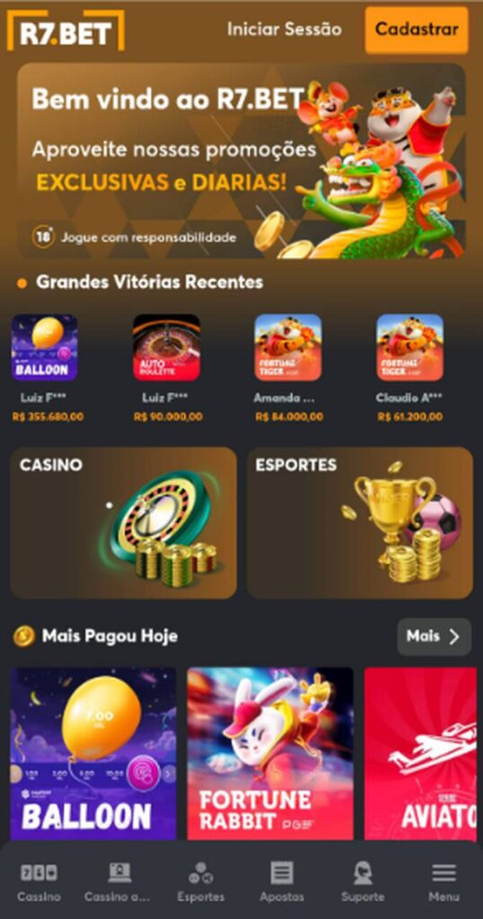 imagem da página inicial R7.Bet pelo celular