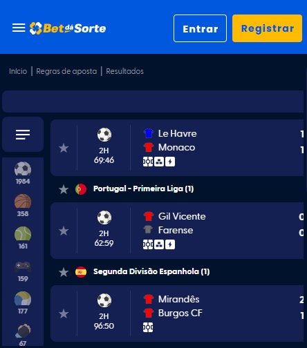 print da tela de apostas ao vivo da Bet dá Sorte pelo celular