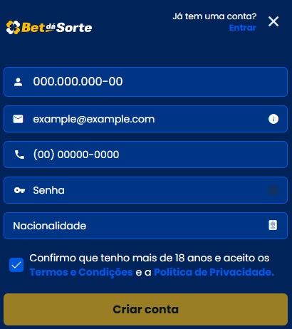 print da tela de cadastro da Bet dá Sorte pelo celular