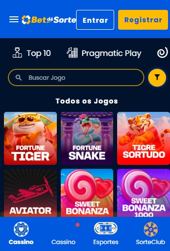print da tela de cassino da Bet dá Sorte pelo celular