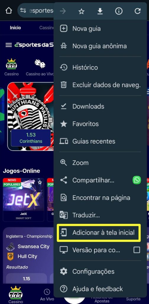 print da tela de criar atalho do Esportes da Sorte app pelo celular