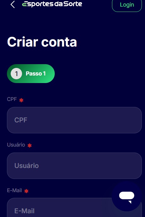 print da seção de cadastro da Esportes da Sorte pelo celular