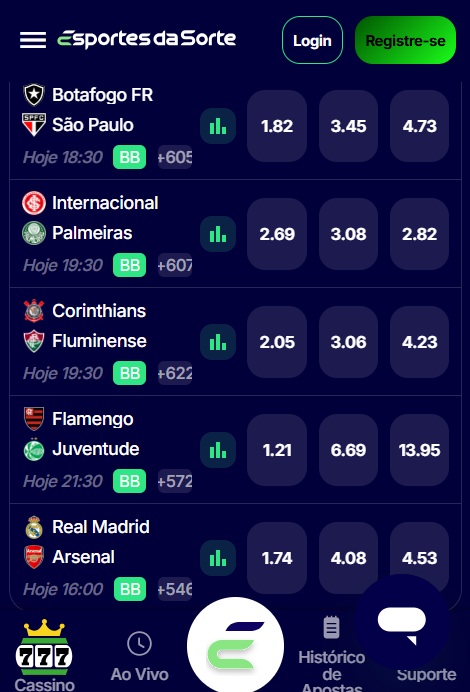 print da seção de apostas pré-jogo da Esportes da Sorte pelo celular