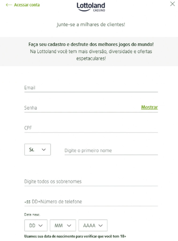 imagem da seção de registro da Lottoland pelo celular