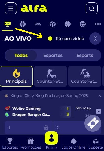 tela de transmissões ao vivo da alfa bet apostas pelo celular