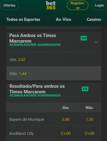 print da tela de apostas do ambas marcam na bet365