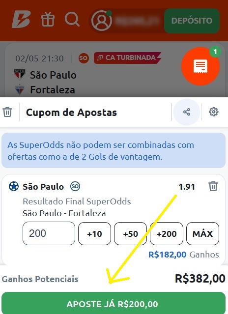 print da tela de apostas da Betano pelo celular