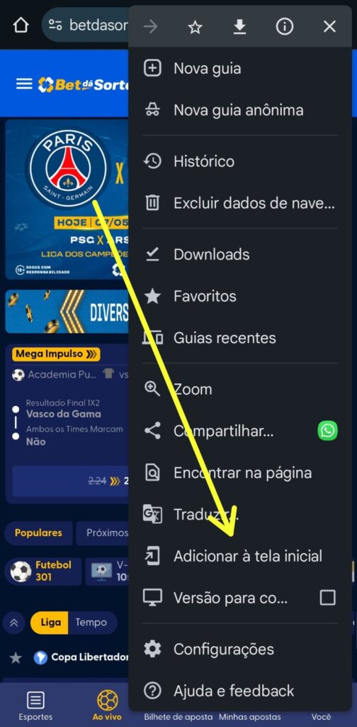 print da tela de adicionar Bet dá Sorte à página inicial do celular