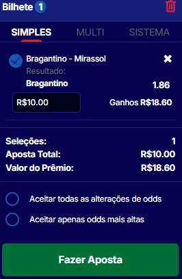 print da tela de apostas pré-jogo da HiperBet pelo celular