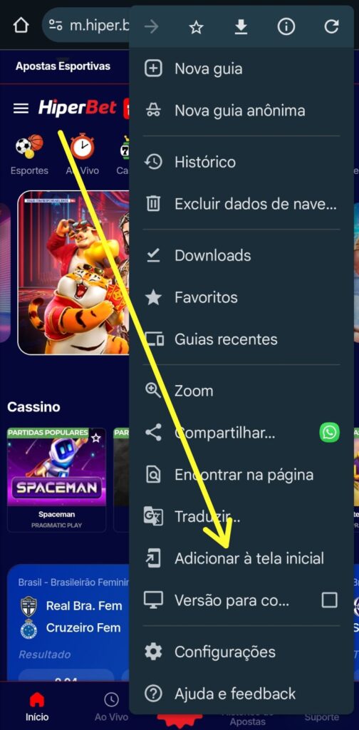 print da tela inicial da HiperBet com a opção de criar atalho na tela inicial do celular