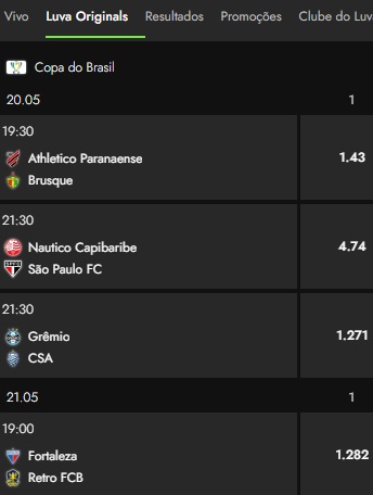 print da tela de odds da LuvaBet