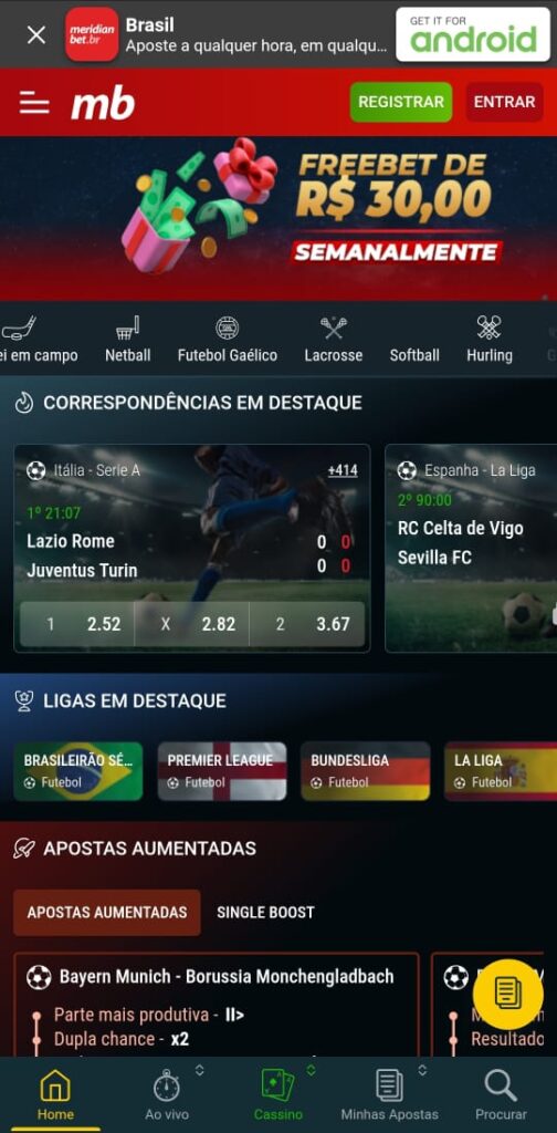 print da seção de apostas esportivas da meridianbet pelo celular