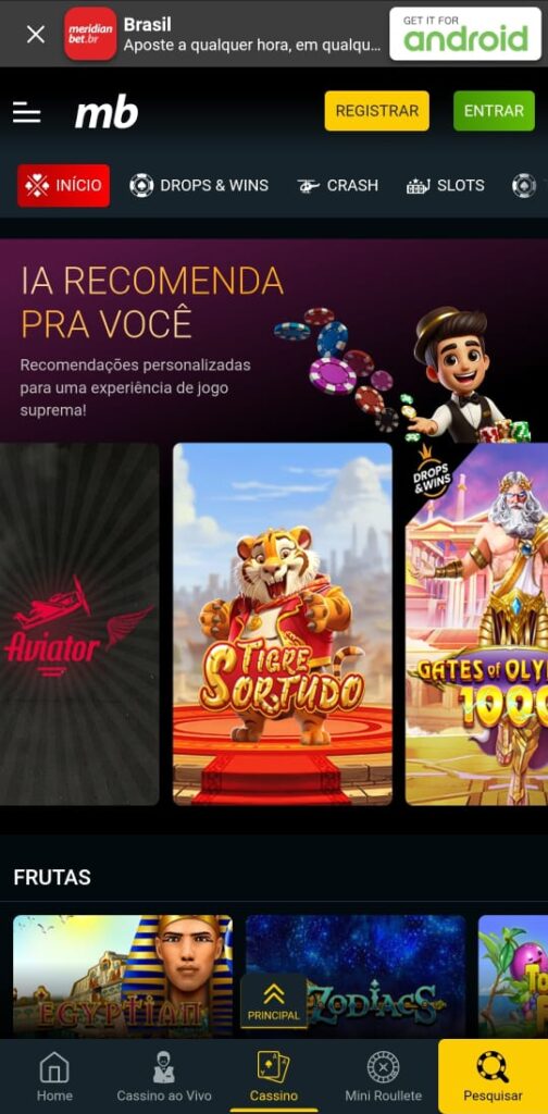 print da seção de cassino da meridianbet pelo celular