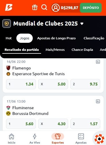 print da tela de apostas do Mundial de Clubes na Betano