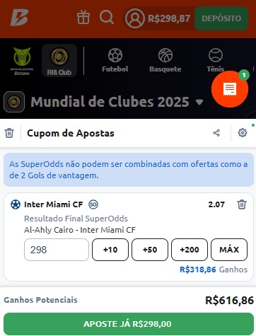 print da tela de apostas do Mundial de Clubes na Betano