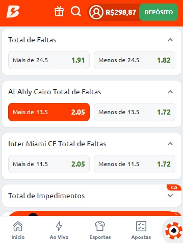 print da tela de apostas do Mundial de Clubes na Betano