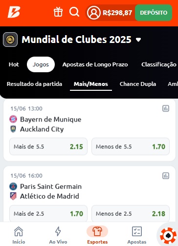 print da tela de apostas do Mundial de Clubes na Betano