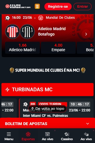 print da tela de apostas da McGames pelo celular