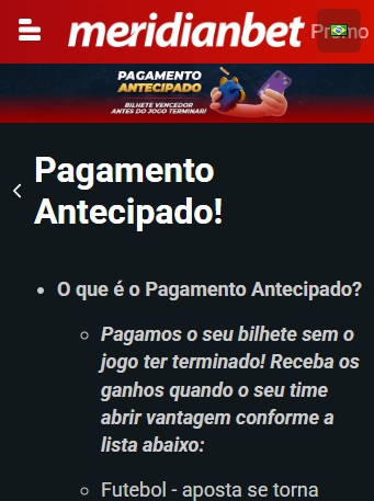 print da promoção de pagamento antecipado da Meridianbet pelo celular