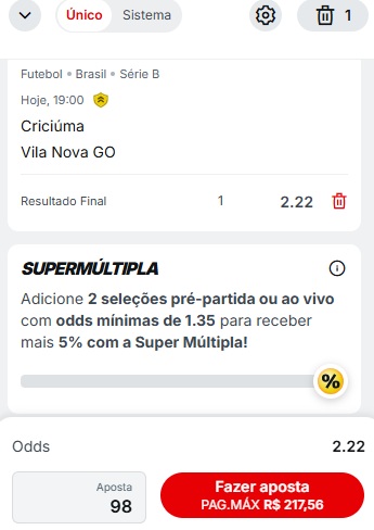 print da tela de apostas com da Superbet pelo celular