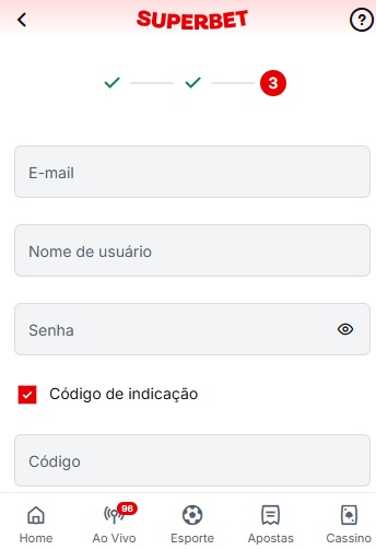 print da tela de cadastro do código Superbet pelo celular