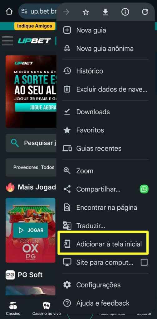 print da página para adicionar app UPBET à tela inicial do celular