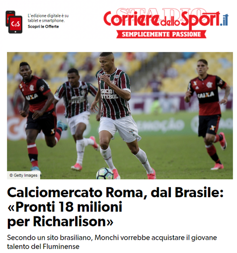 Imprensa italiana repercute interesse de grandes clubes do país em Richarlison