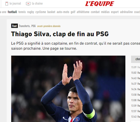 Thiago Silva não terá contrato renovado pelo PSG, diz jornal francês