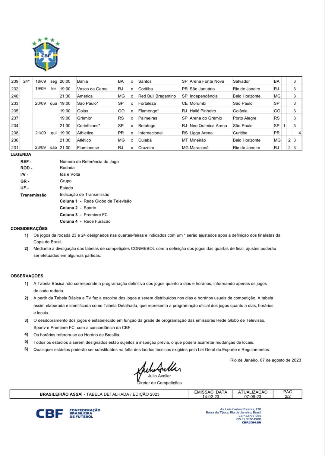 CBF detalha quatro rodadas do Brasileirão; Veja datas, horários e locais  dos jogos do Bahia - Notícias - Galáticos Online